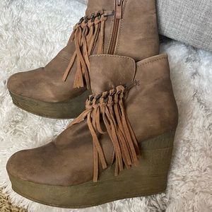 Sbicca Fringe Wedge Booties